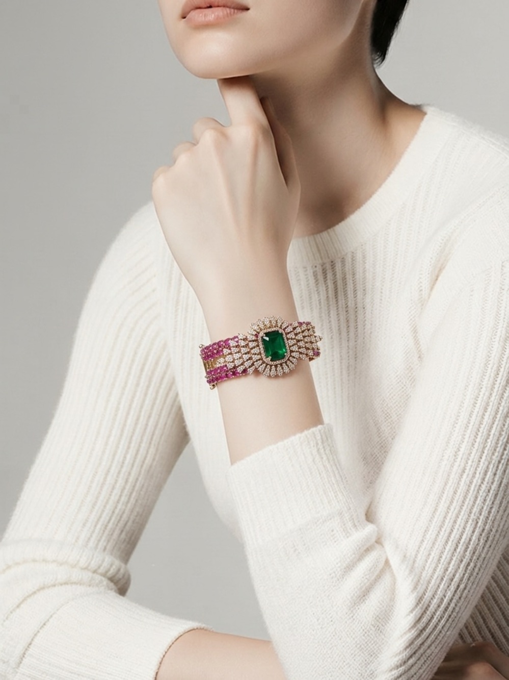 Luxury Emerald & Ruby tone Multi-Row Bracelet